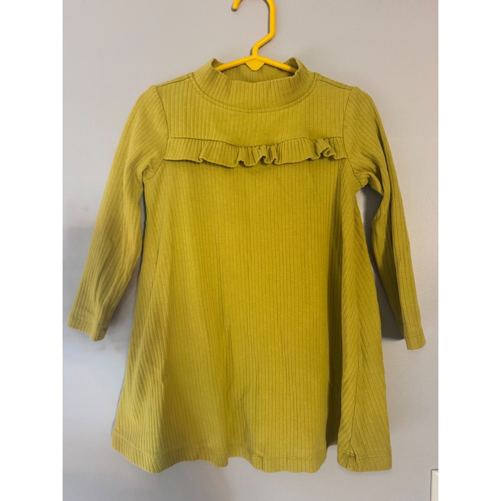 Hanna Andersson Girls Mustard Yellow Ribbed Ruffle Mock Neck Dress Size 4 100cm